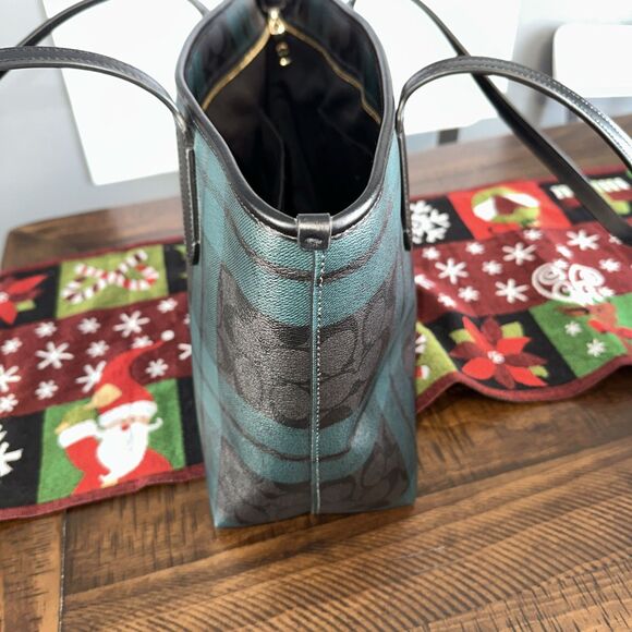 Coach Zip Top Tote with Green And Black Field Plaid Print (Style F80028) - Picture 9 of 11